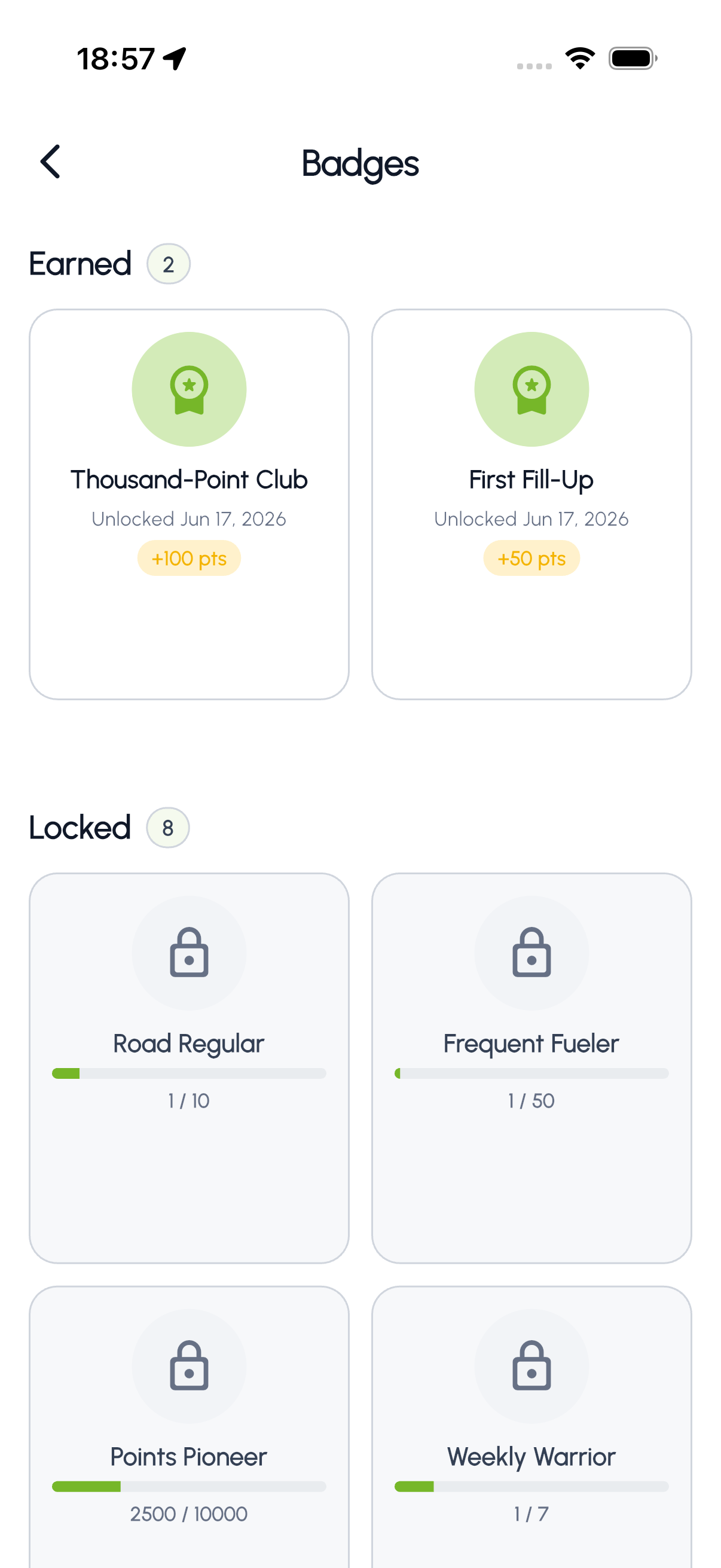 Noble Gas app achievement badges screen with loyalty milestones and rewards