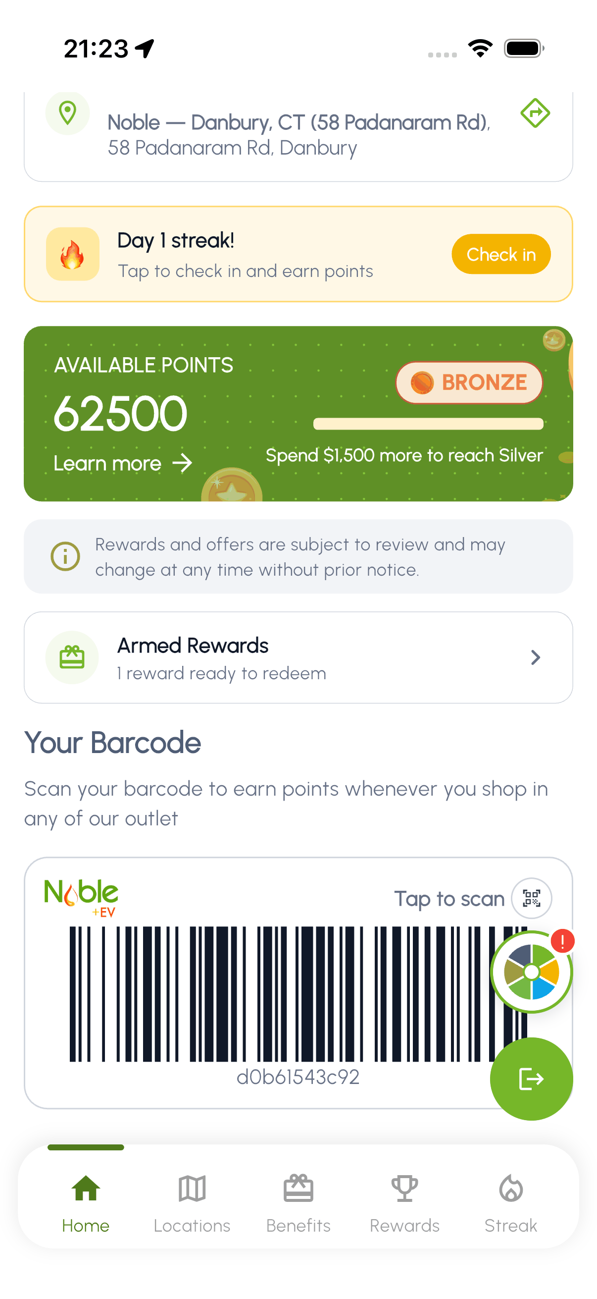 Noble Gas app home screen with points balance, barcode, and recent activity