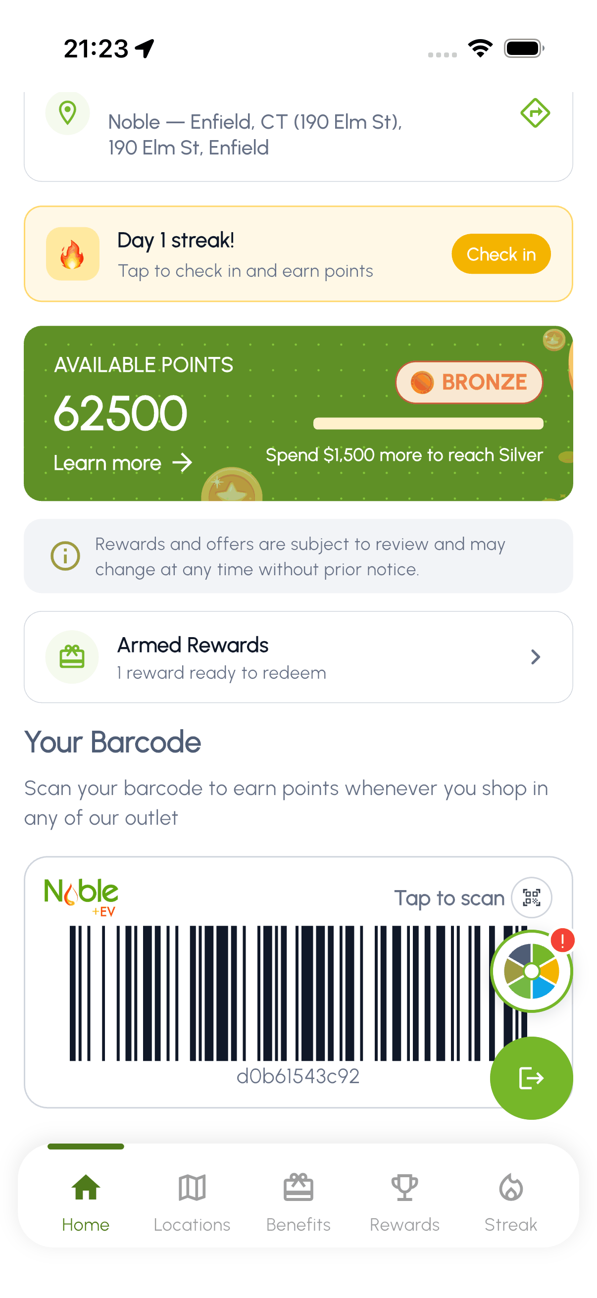 Noble Gas app home screen with points balance, barcode, and recent activity