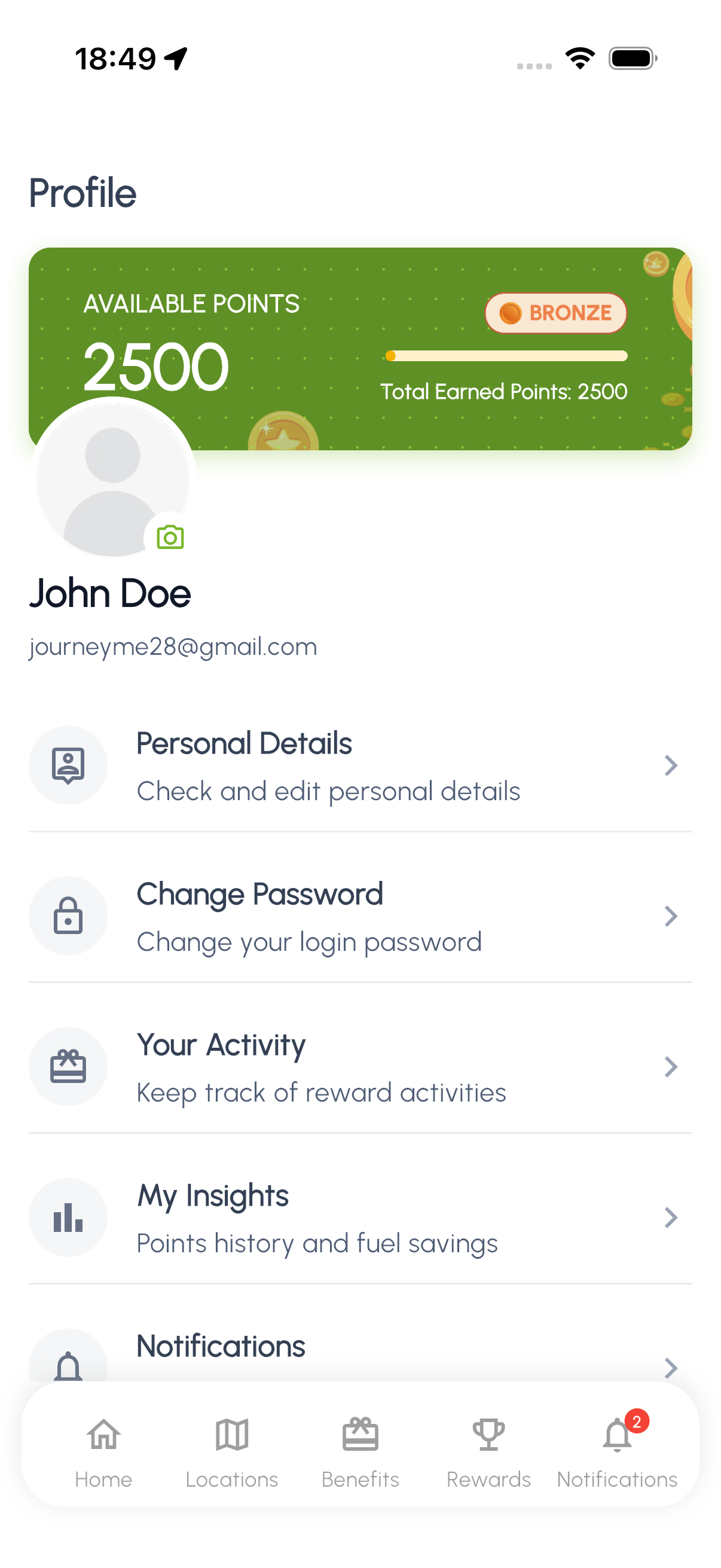 Noble Gas app profile screen showing loyalty points balance and reward tier progress